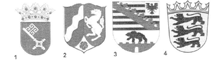 Abbildung zur Aufgabe 1. Welches Wappen gehört zum Bundesland Nordrhein-Westfalen?
